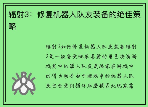 辐射3：修复机器人队友装备的绝佳策略